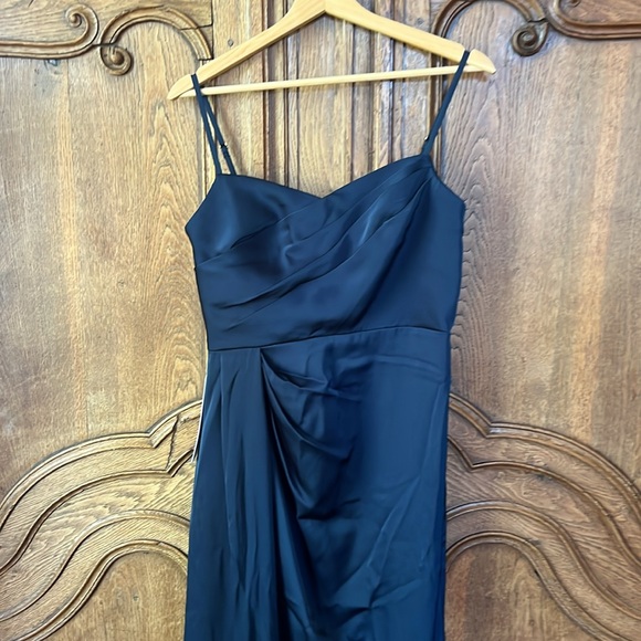 AZAZIE BONA Stretch Dark Navy A-Line V-Neck Pleated Stretch Satin - Picture 9 of 16